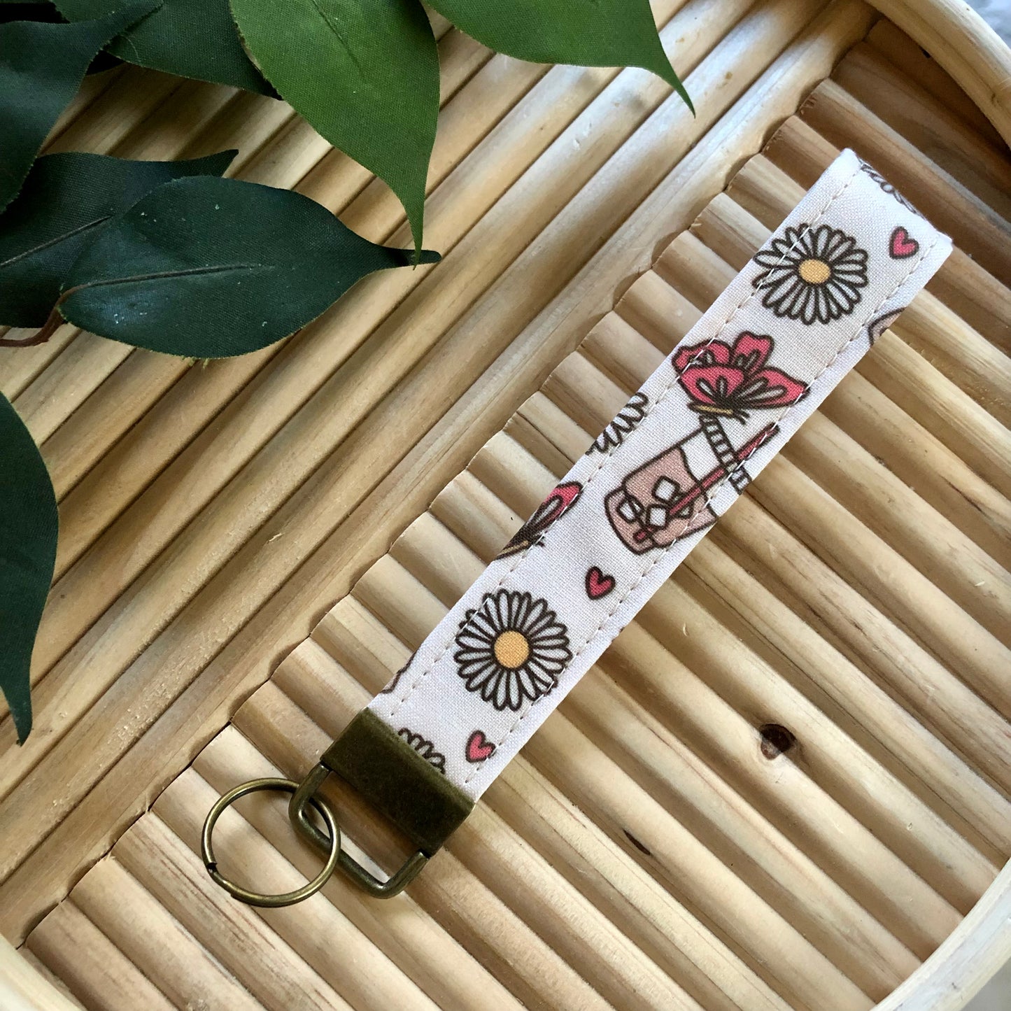Daisies & Iced Coffee Print Fabric Keychain, Key Fob