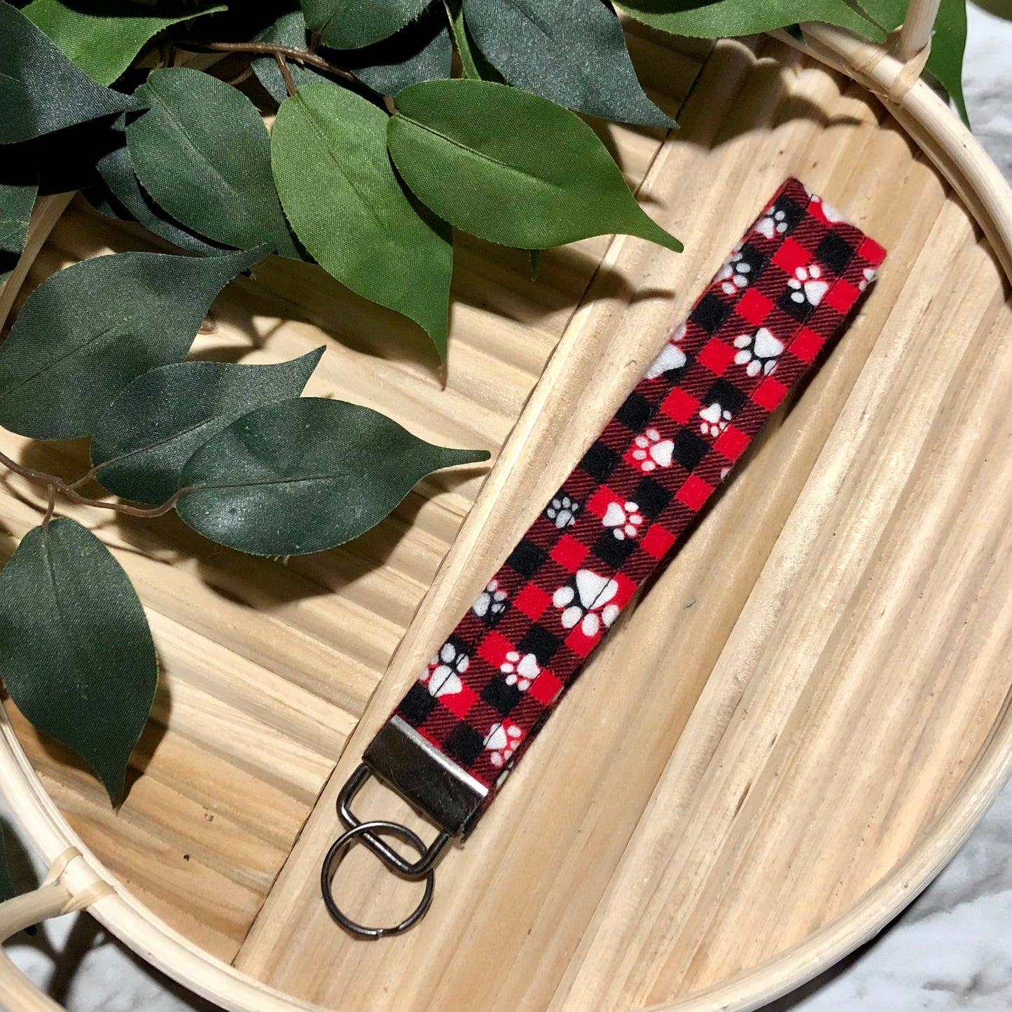 Plaid Paw Prints Fabric Wristlet Keychain, Key Fob