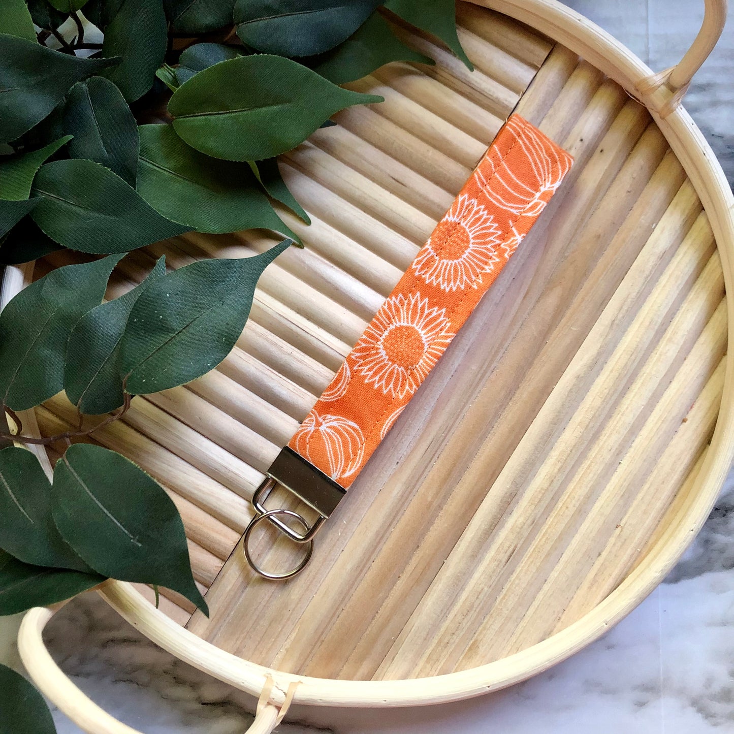 Orange Pumpkin and Sunflower Print Fabric Wristlet Keychain, Key Fob