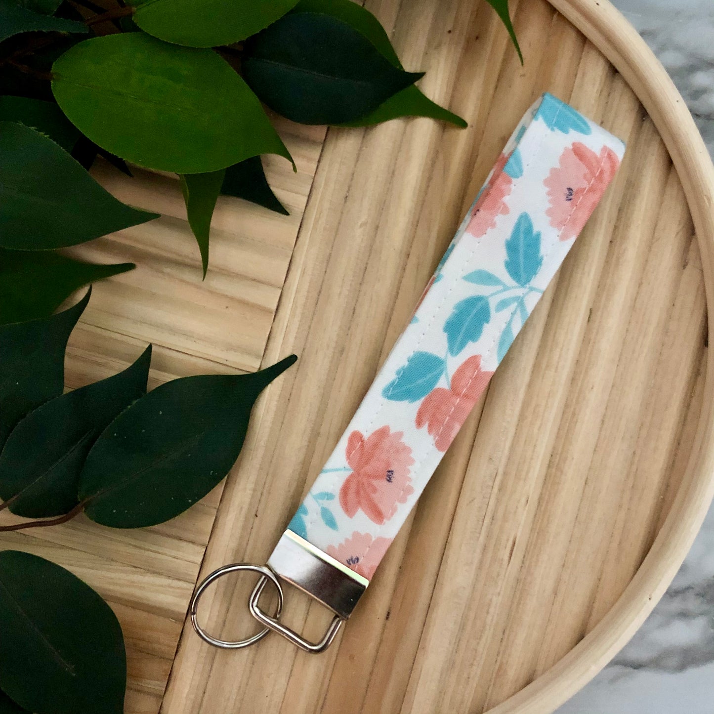 Soft Pink Watercolor Print Fabric Wristlet Keychain, Key Fob