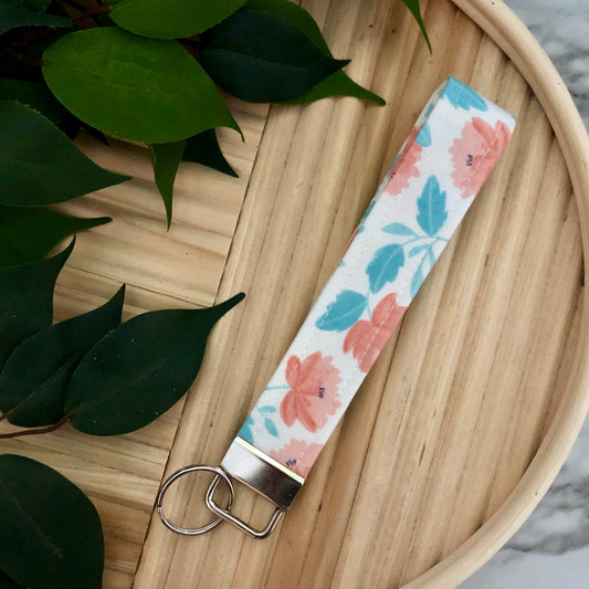 Soft Pink Watercolor Print Fabric Wristlet Keychain, Key Fob