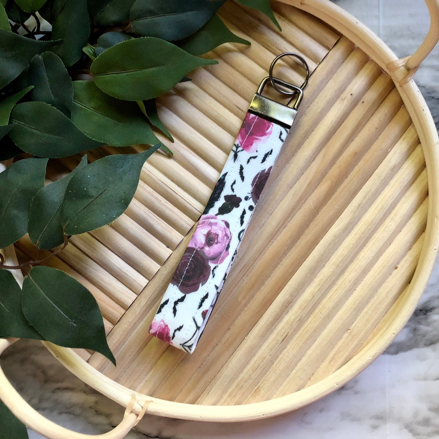 Purple Floral Halloween Bat Print Fabric Wristlet Keychain, Key Fob