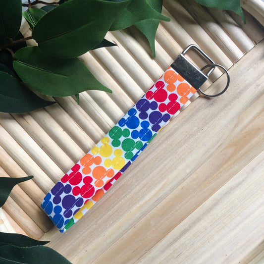 White and Rainbow Mouse Print Fabric Wristlet Keychain, Key Fob