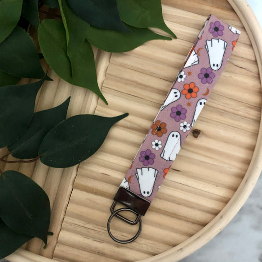 Floral Ghost Print Fabric Wristlet Keychain, Key Fob