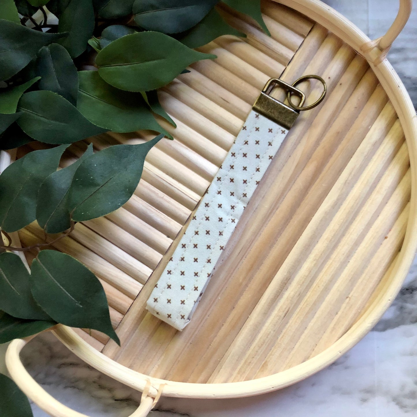 Cream X Print Fabric Wristlet Keychain, Key Fob