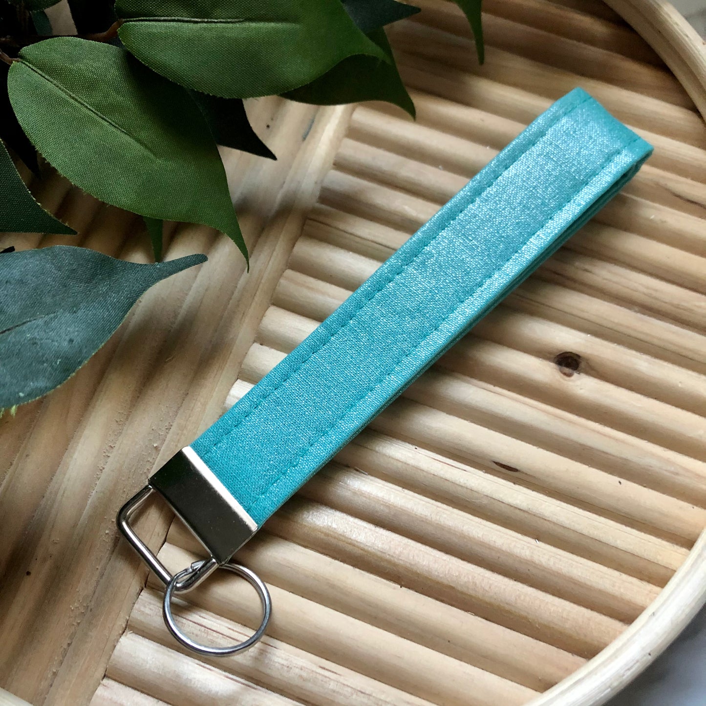 Metallic Teal Print Fabric Wristlet Keychain, Key Fob