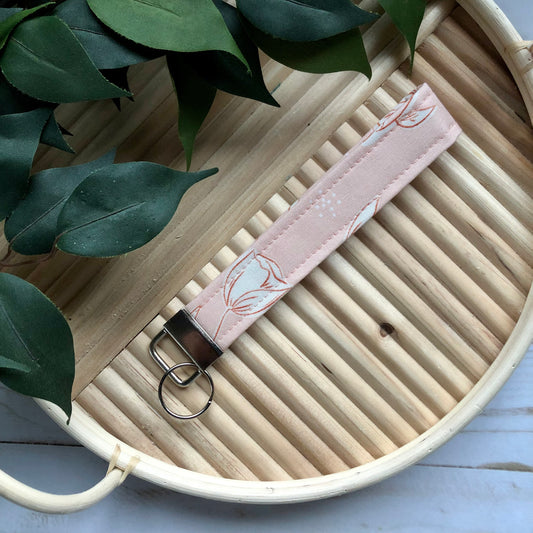 Pink Tulip Print Fabric Wristlet Keychain, Key Fob