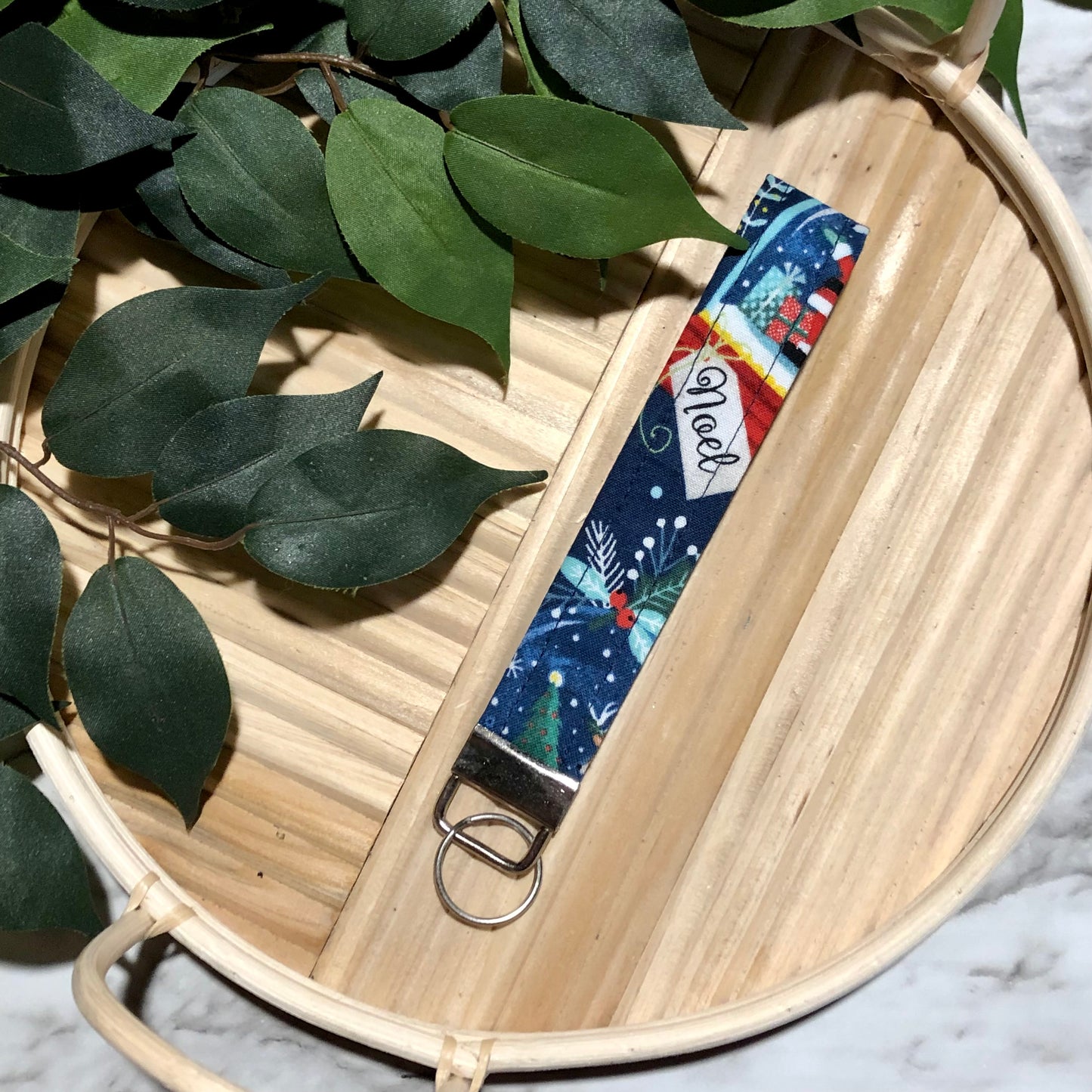 Polar Bear Snow Globe Print Fabric Wristlet Keychain, Key Fob