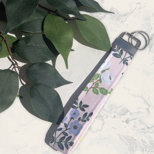 Light Pink Spring Floral Fabric Wristlet Keychain, Key Fob