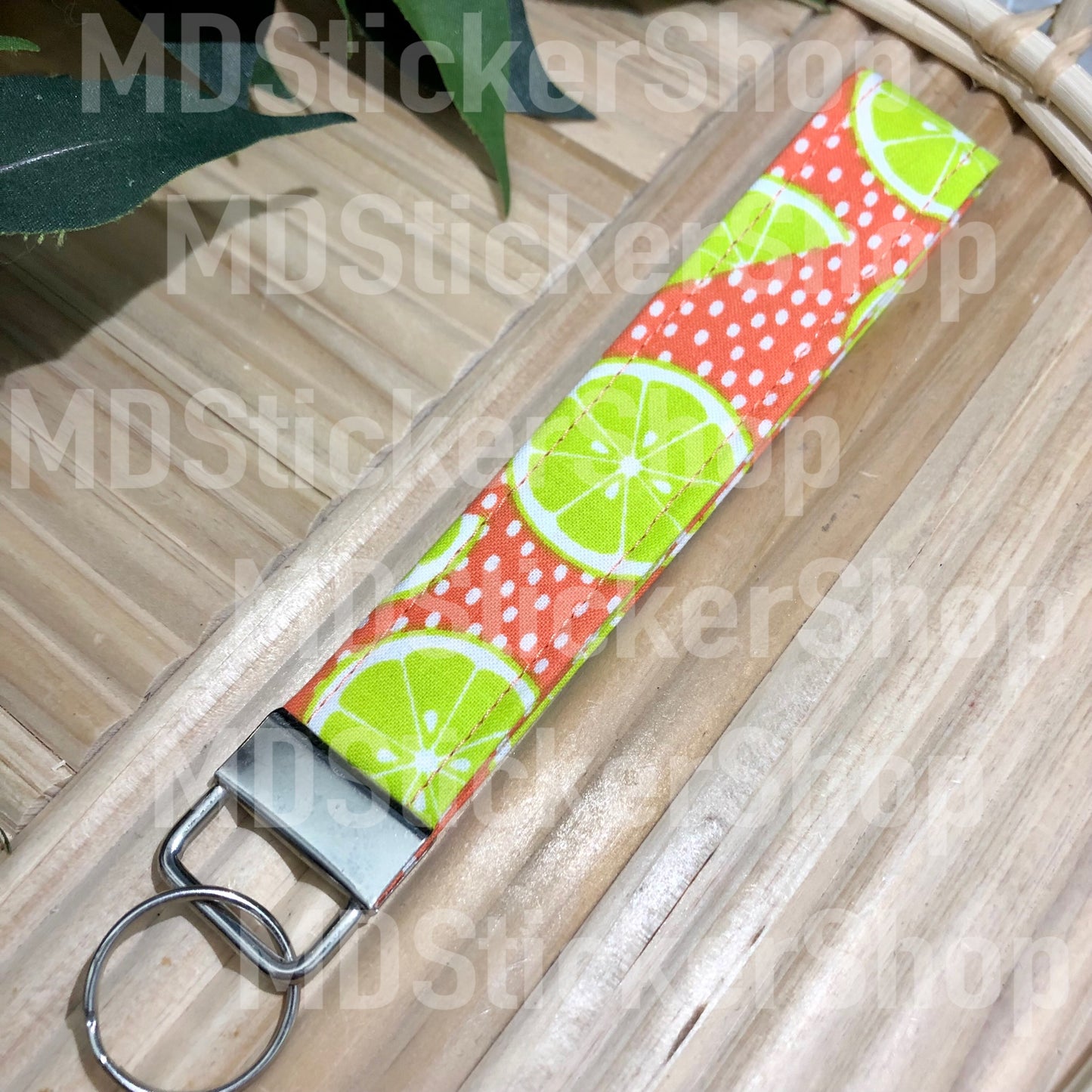 Lime and Polka Dot Print Fabric Keychain