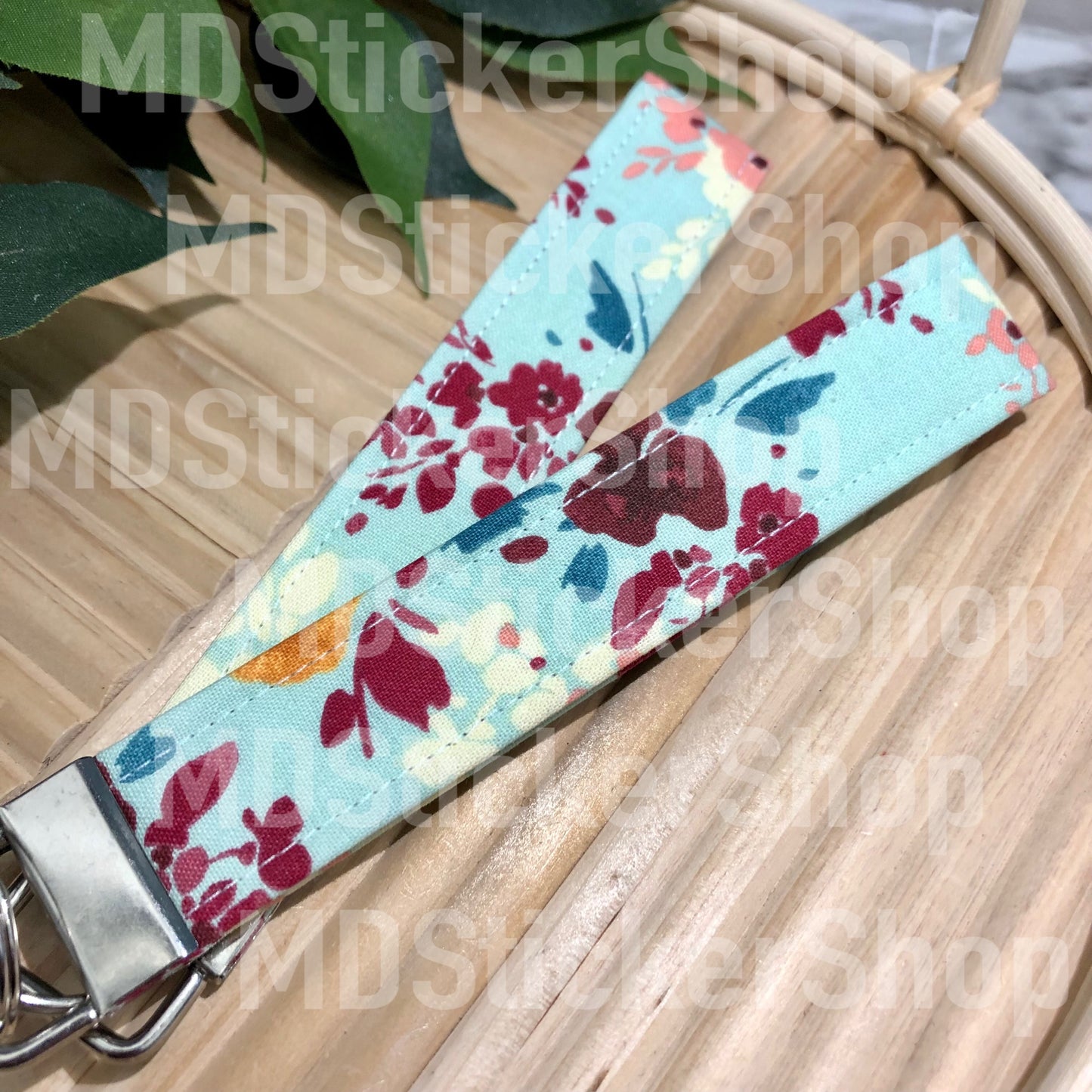 Abstract Florals on Light Blue Print Fabric Keychain
