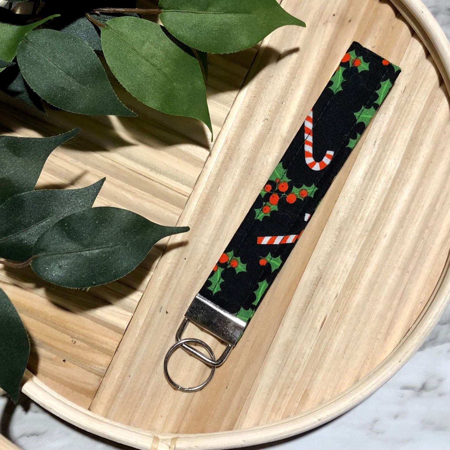 Holly & Candy Canes Holiday Print Fabric Wristlet Keychain, Key Fob