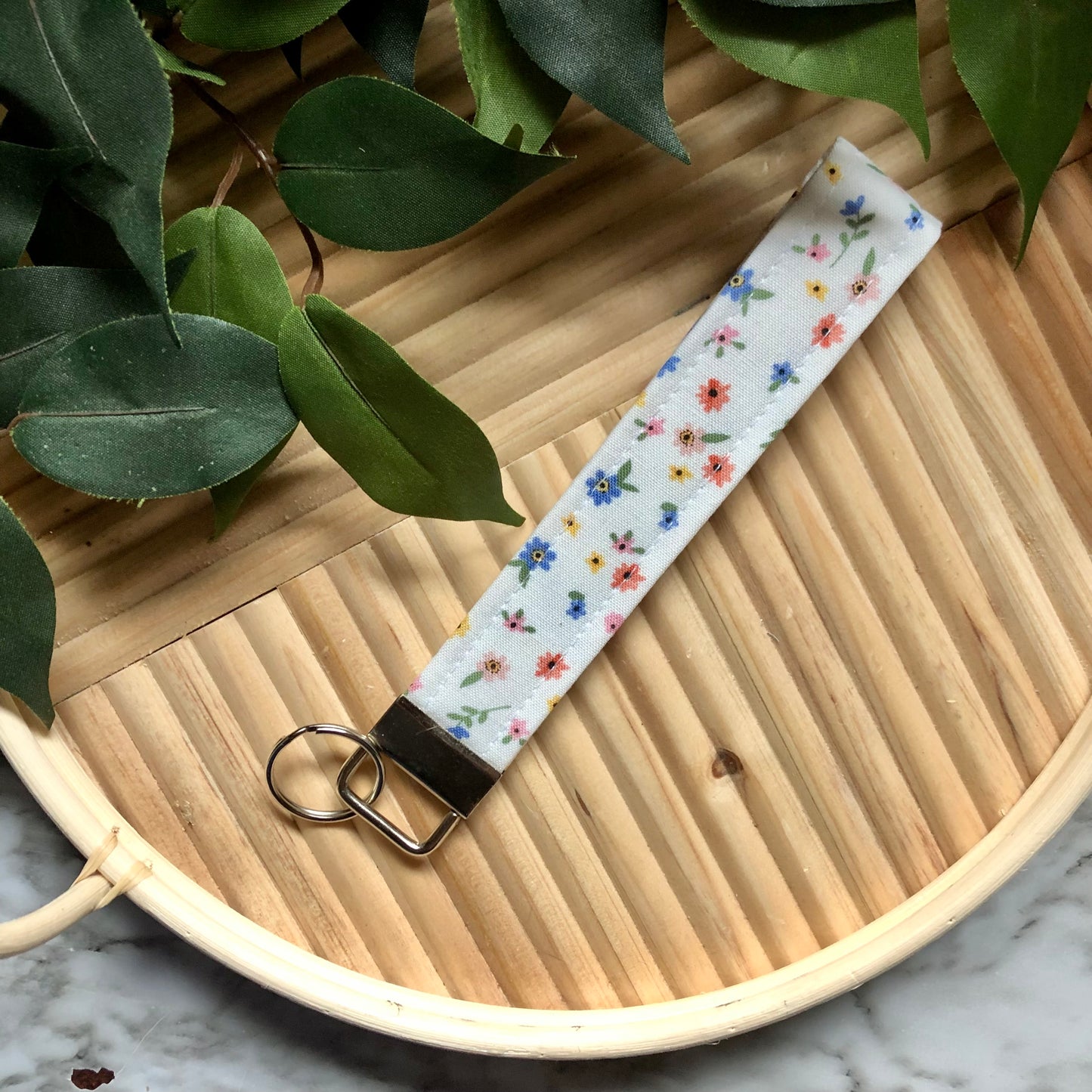 Tiny Floral Print on White Fabric Wristlet Keychain, Key Fob