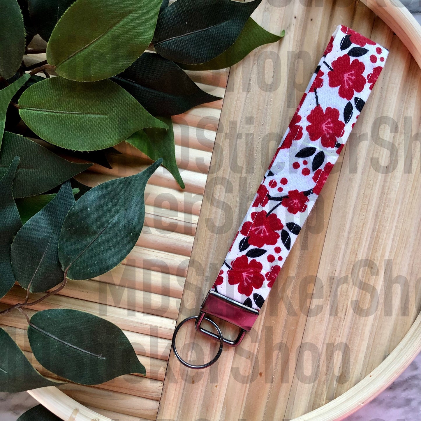 Red Floral Print Fabric Keychain