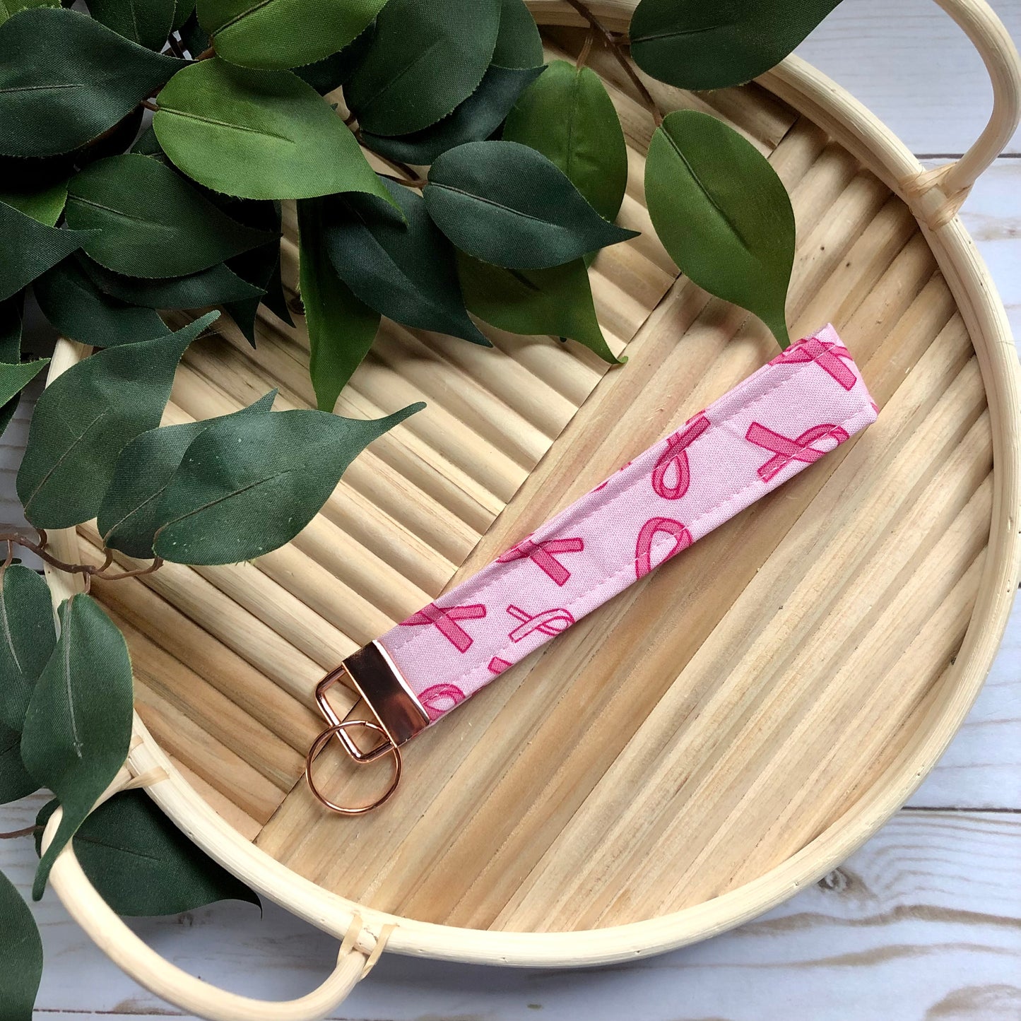 Pink Breast Cancer Ribbon Print Fabric Wristlet Keychain, Key Fob