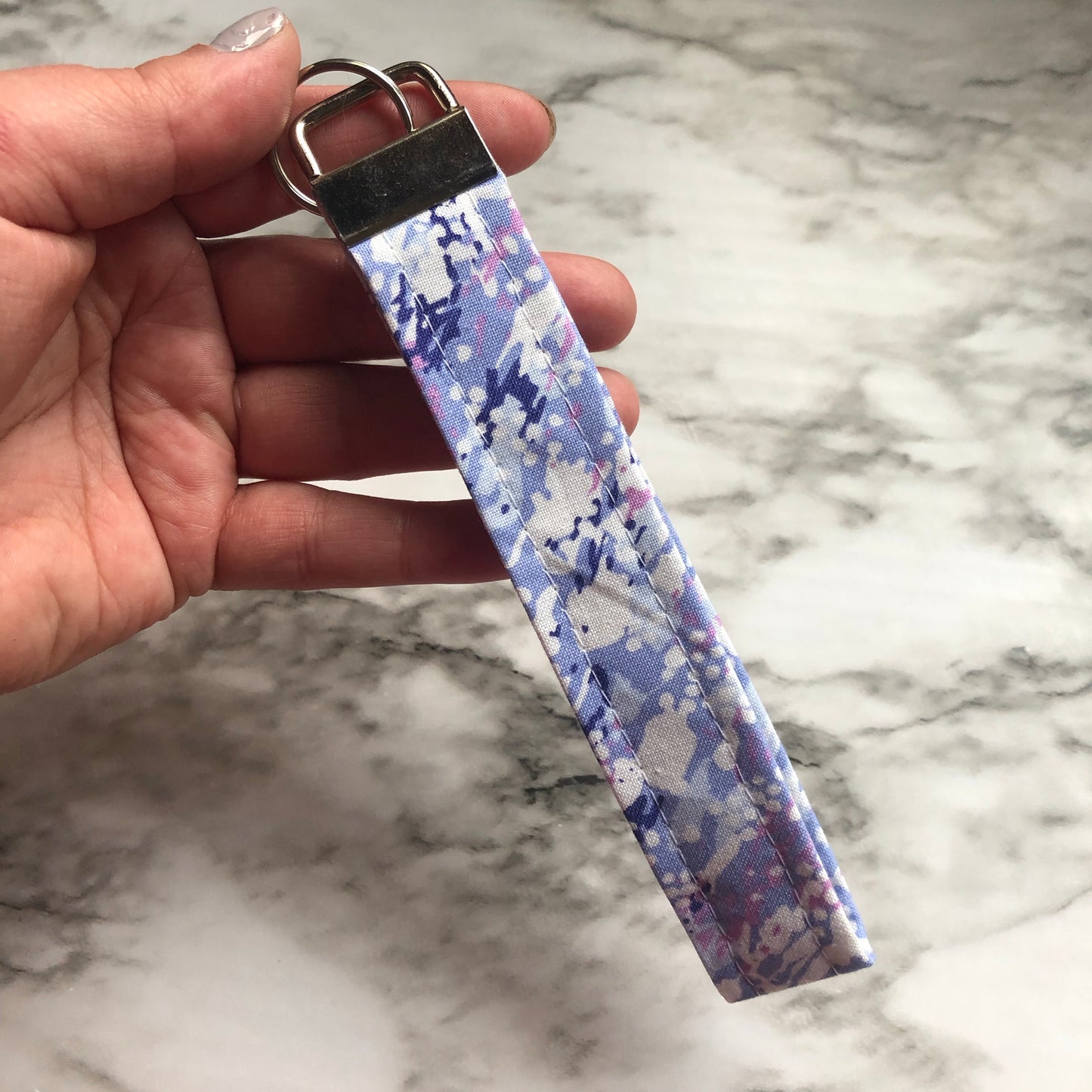 Purple and White Splatter Print Fabric Wristlet Keychain, Key Fob