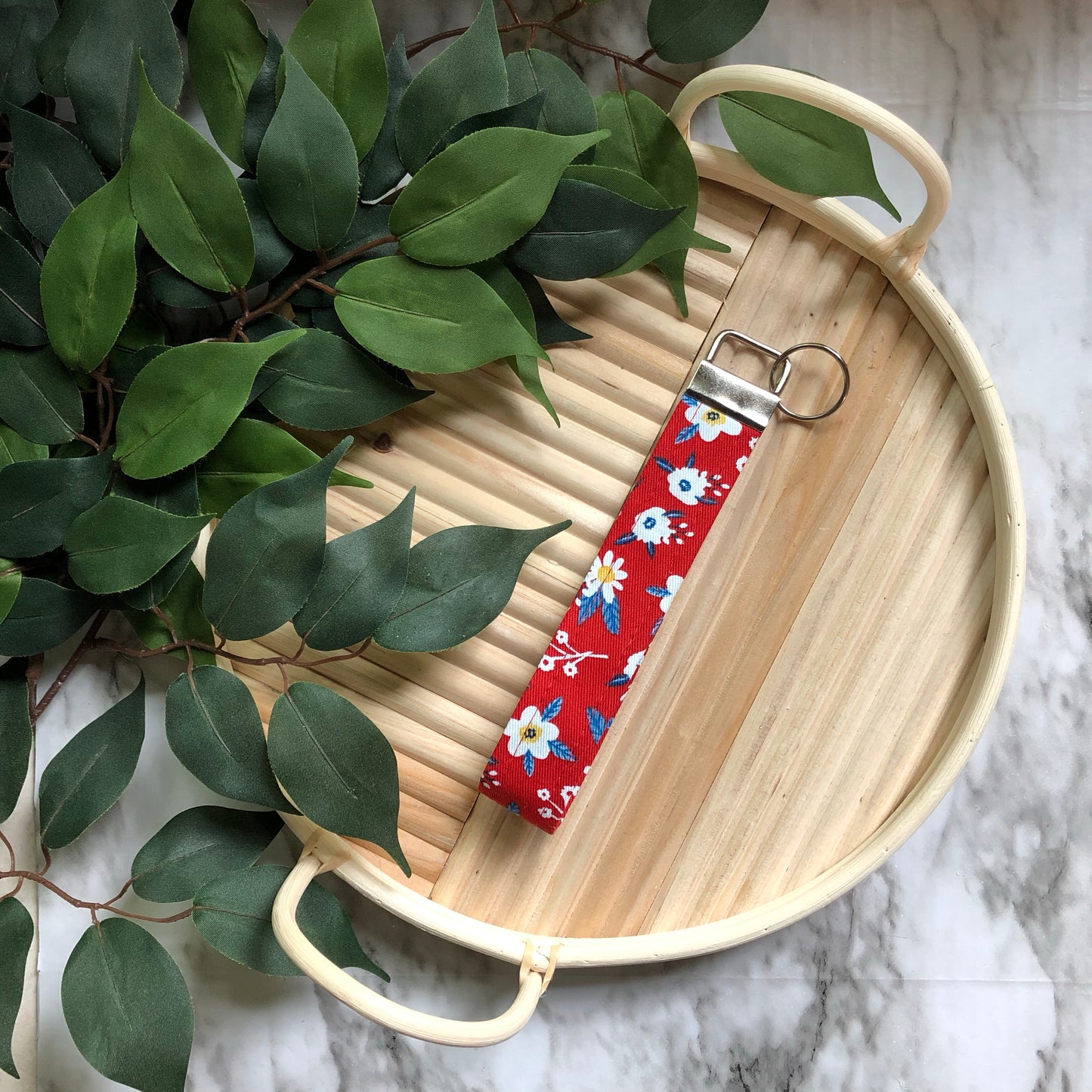 Red Floral Print Wristlet Keychain, Key Fob