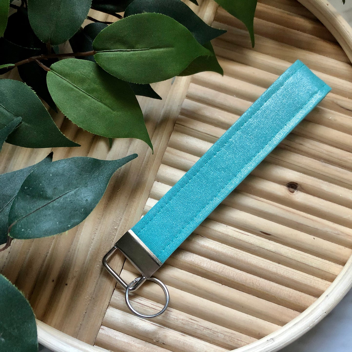 Metallic Teal Print Fabric Wristlet Keychain, Key Fob