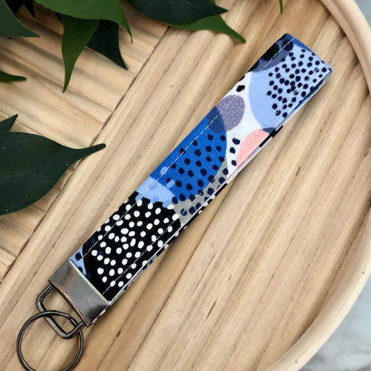 Blue Geo Print Fabric Wristlet Keychain, Key Fob