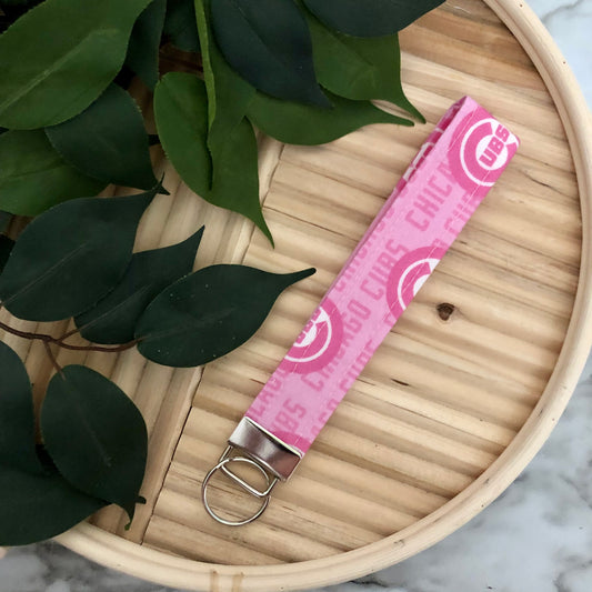 Chicago Cubs Pink Print Fabric Wristlet Keychain, Key Fob