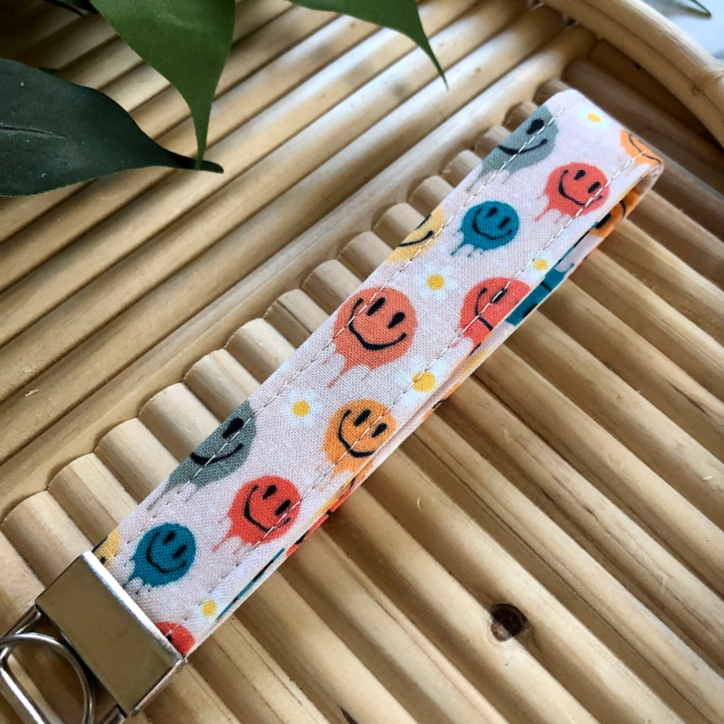 Groovy Smilies Print Fabric Keychain, Key Fob