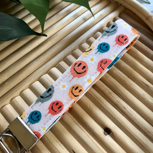 Groovy Smilies Print Fabric Keychain, Key Fob