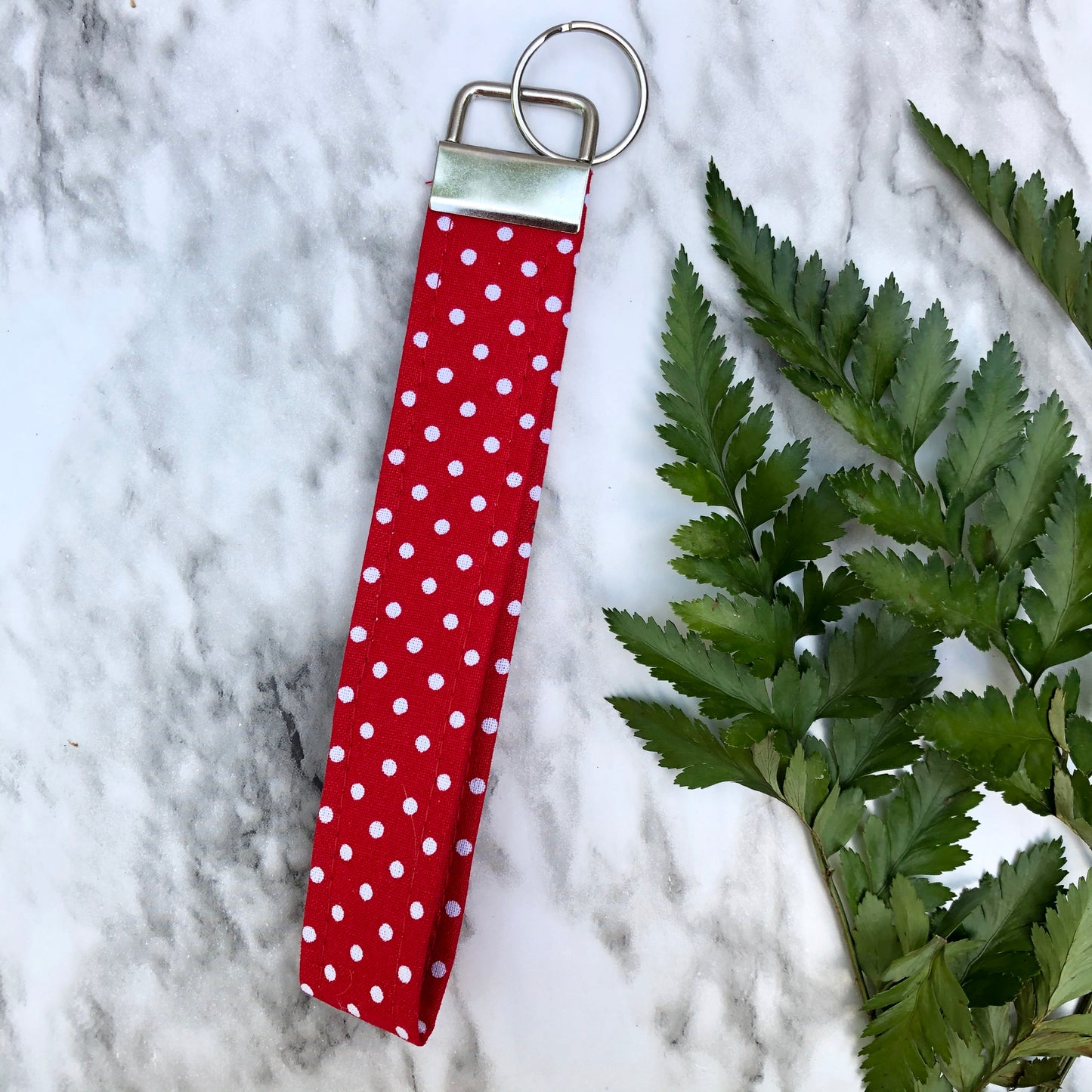 Bright Red and White Polka Dot Print Wristlet Keychain, Key Fob