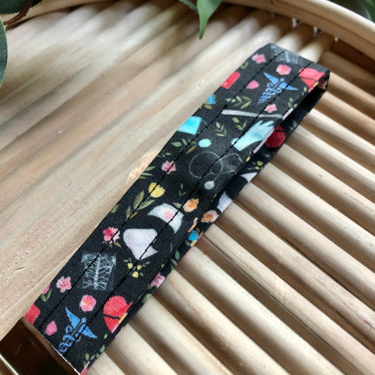 Black Floral Medical Print Fabric Wristlet Keychain, Key Fob