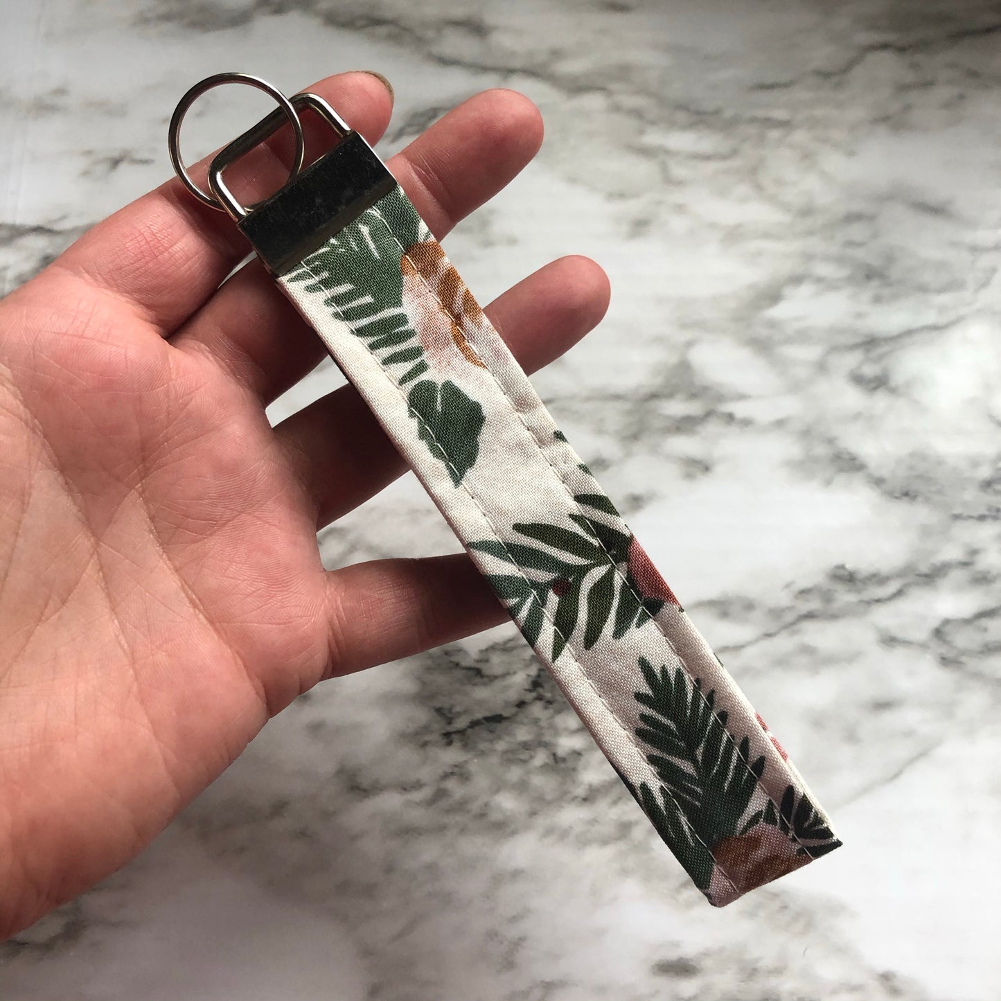 Cream Floral Print Fabric Wristlet Keychain, Key Fob