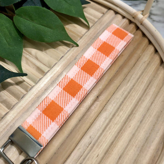 Orange Check Print Fabric Keychain, Key Fob