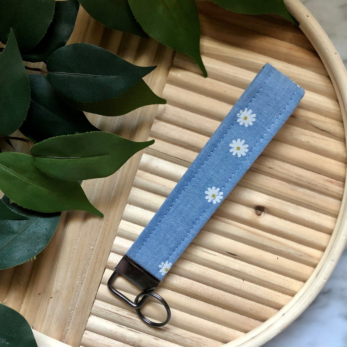 Chambray Daisy Print Fabric Wristlet Keychain, Key Fob
