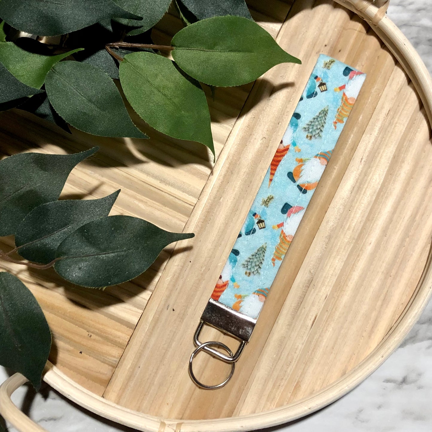 Holiday Gnomes Print Fabric Wristlet Keychain, Key Fob