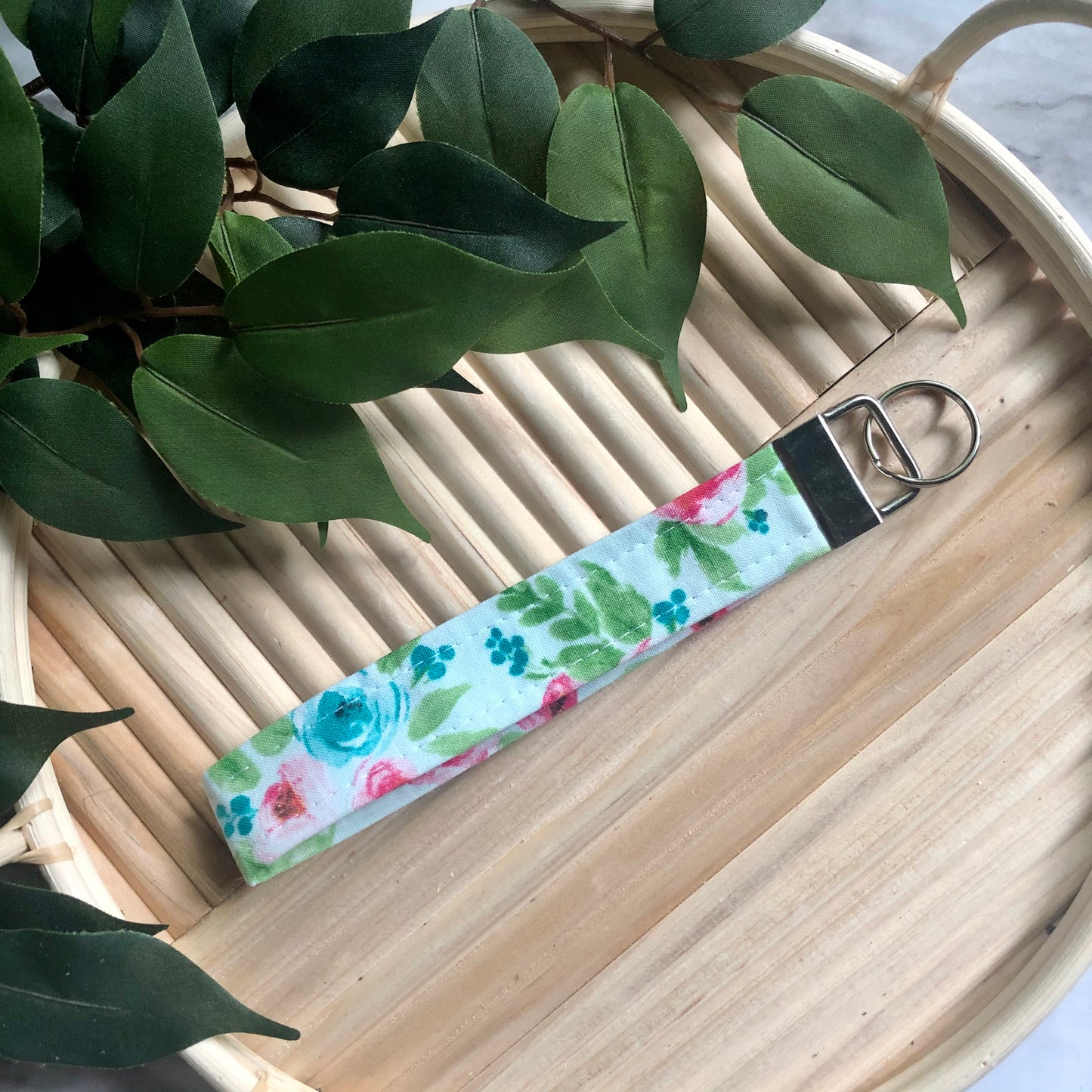 Light Blue Bright Floral Print Fabric Wristlet Keychain, Key Fob