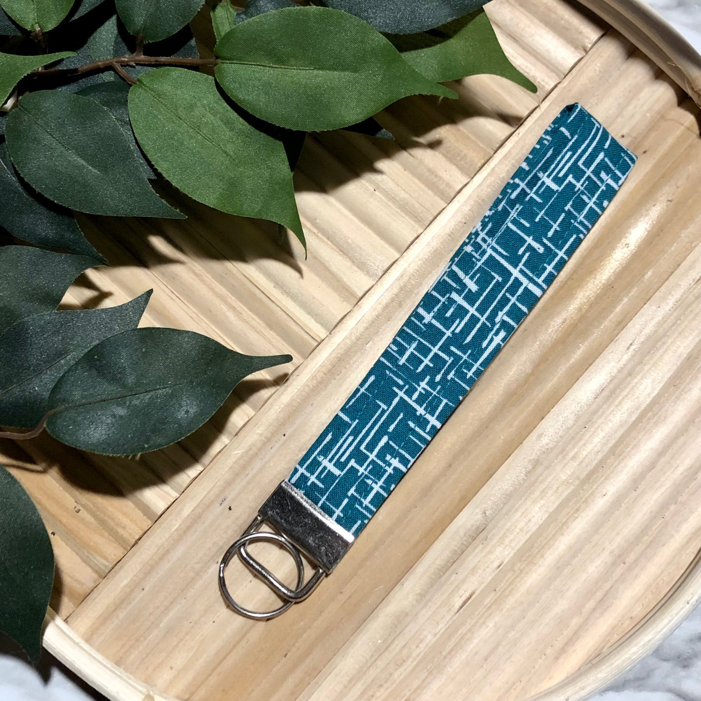 Deep Teal Abstract Print Fabric Wristlet Keychain, Key Fob