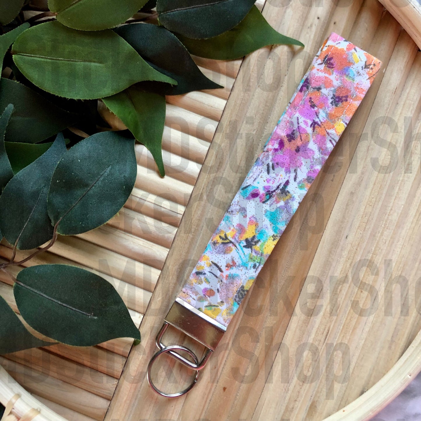 Pink Glitter Floral Print Fabric Keychain