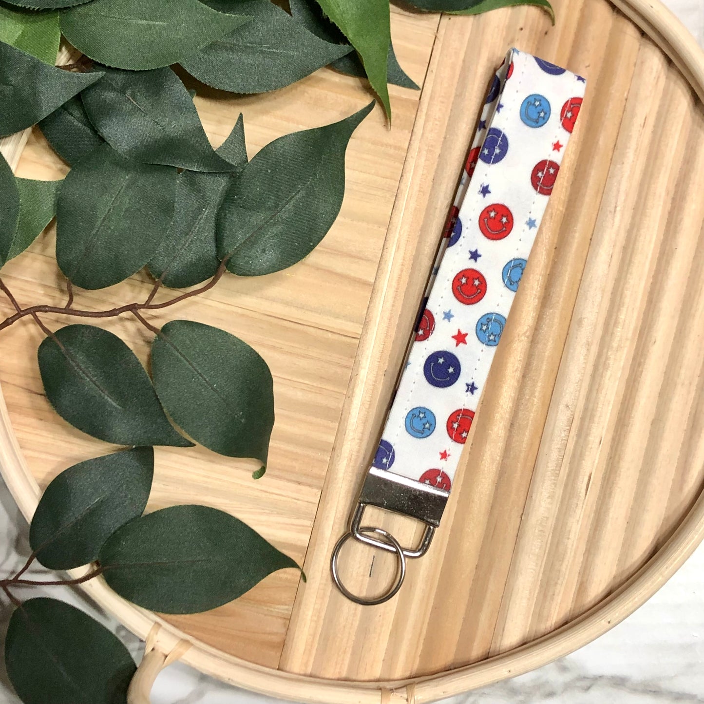 Patriotic Smiley Faces Print Fabric Wristlet Keychain, Key Fob