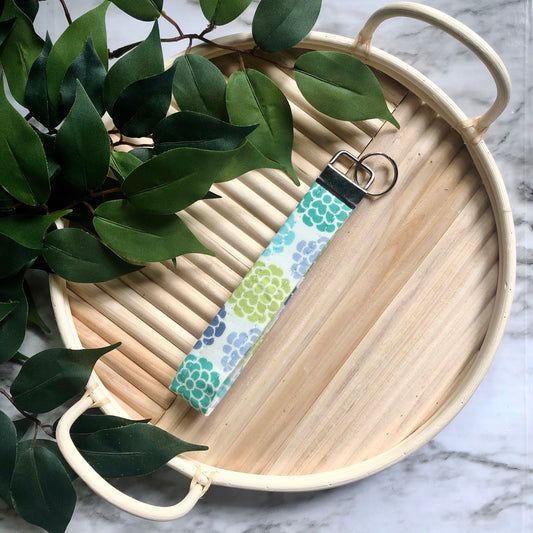 Blue, Green, and Purple Succulent Print Fabric Wristlet Keychain, Key Fob