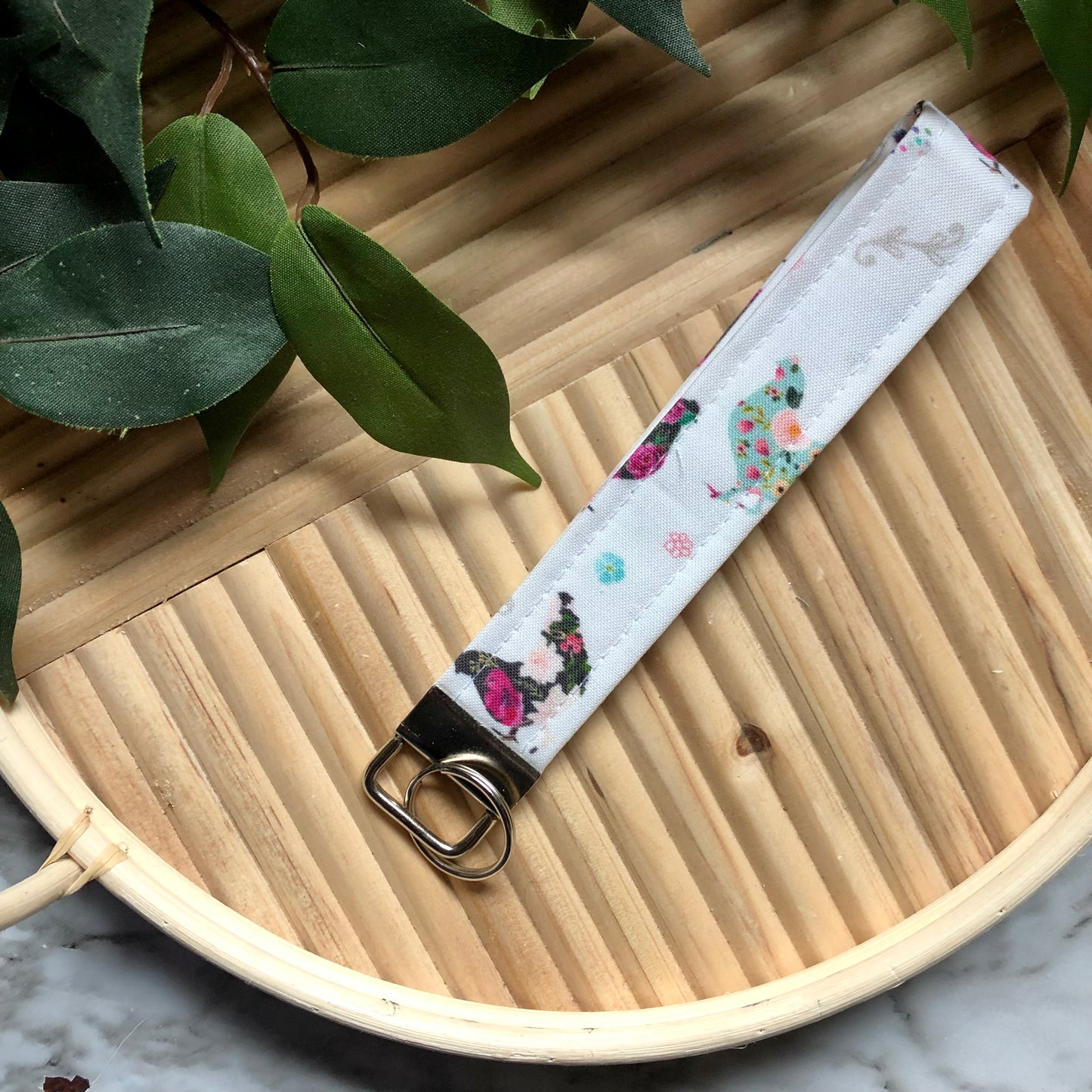 Floral Chickens Print Fabric Wristlet Keychain, Key Fob