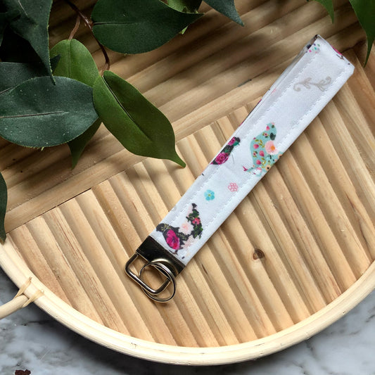 Floral Chickens Print Fabric Wristlet Keychain, Key Fob