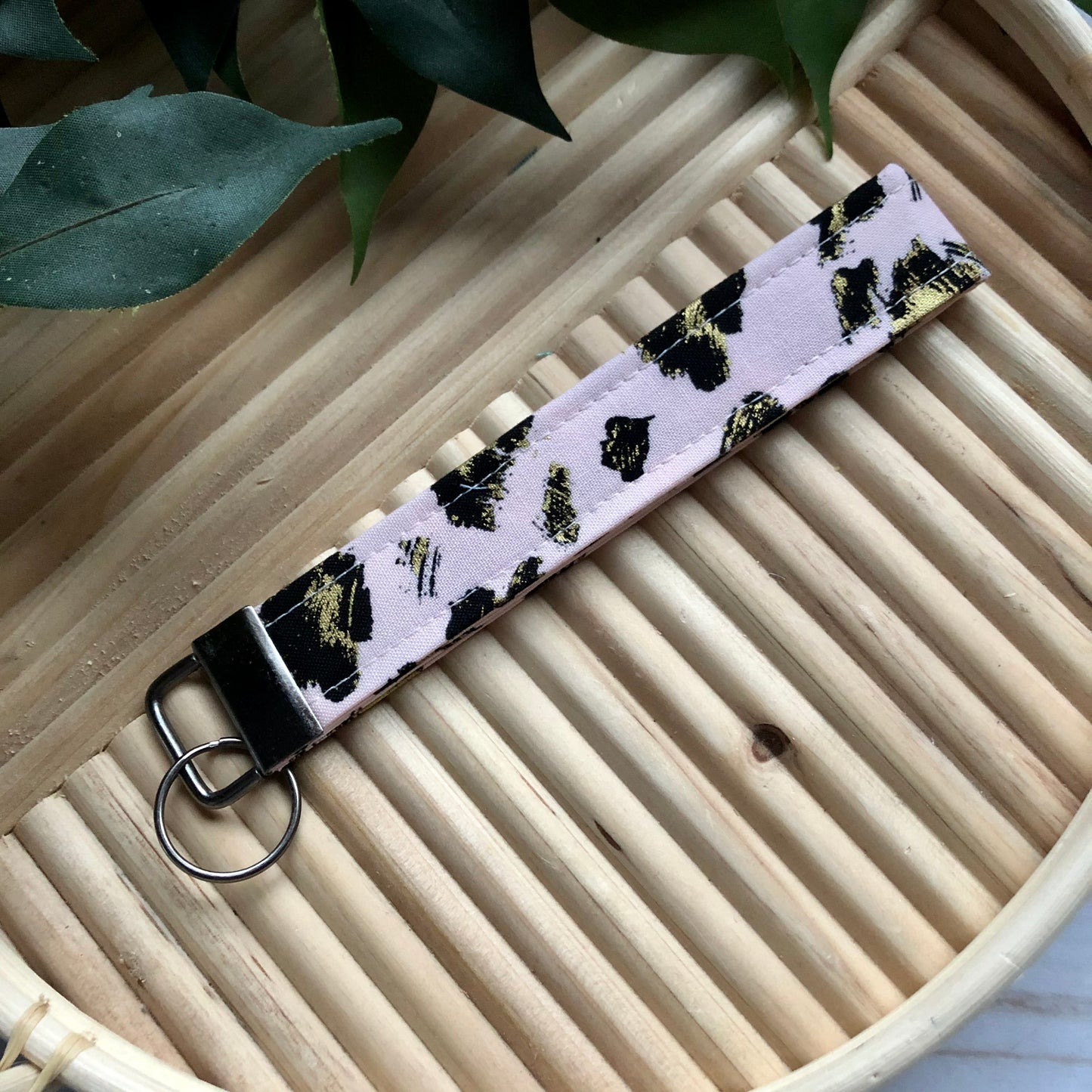 Pink, Black, and Metallic Gold Animal Print Fabric Wristlet Keychain, Key Fob
