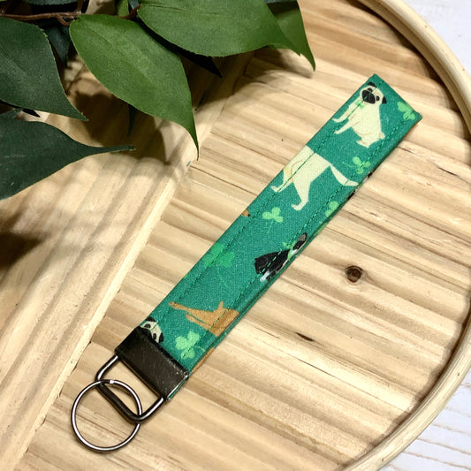 Green Irish Doggies Print Fabric Wristlet Keychain, Key Fob