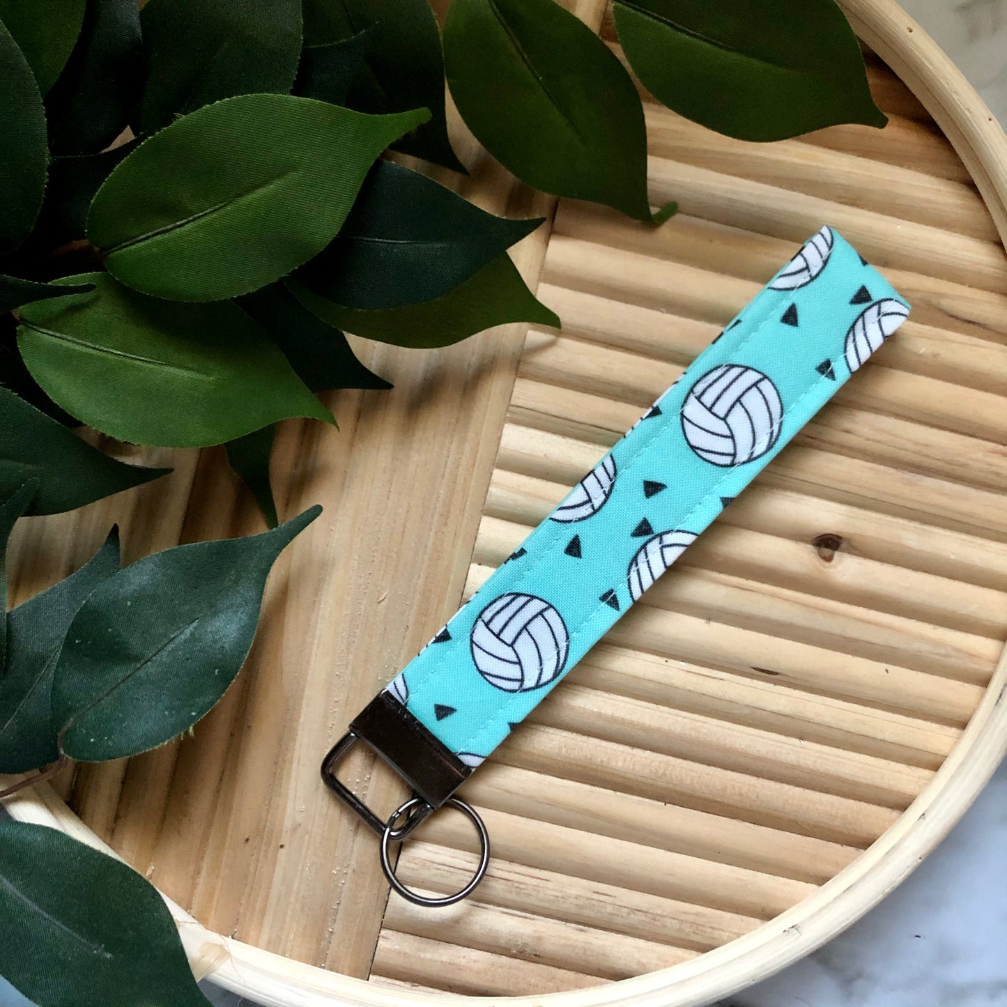 Aqua Volleyball Print Fabric Wristlet Keychain, Key Fob