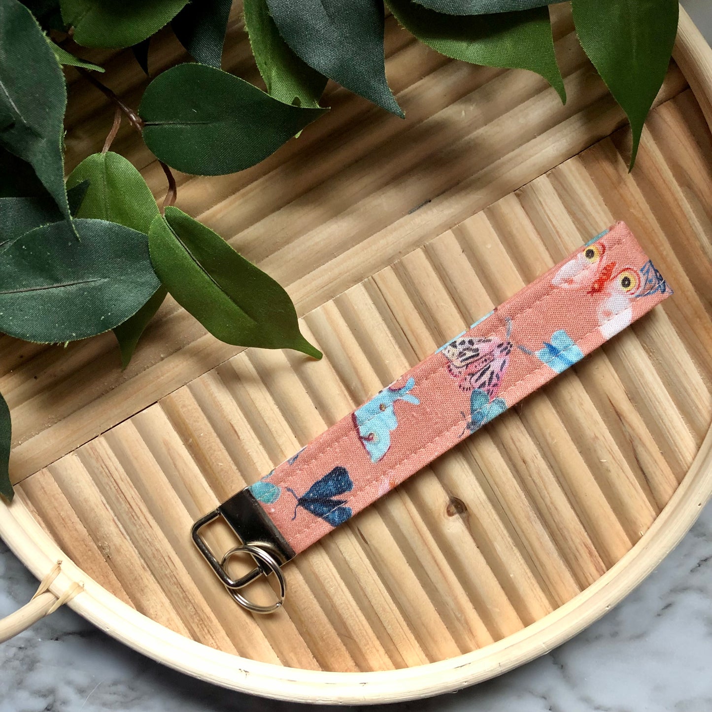 Peach Moth Print Fabric Wristlet Keychain, Key Fob