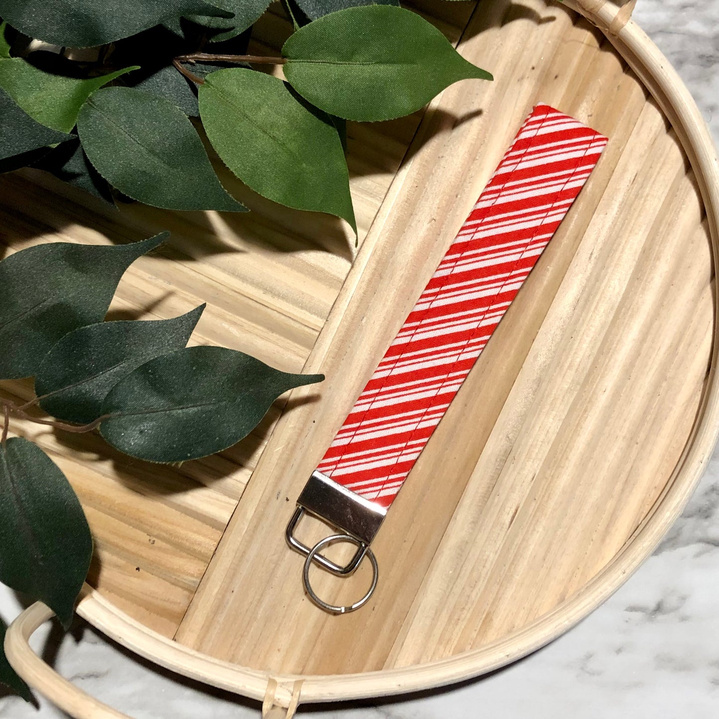 Candy Cane Holiday Print Fabric Wristlet Keychain, Key Fob