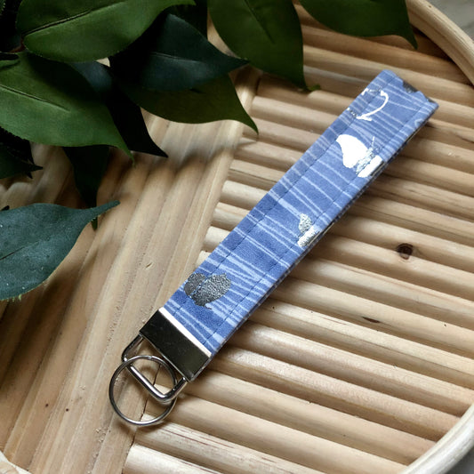 Blue Metallic Butterfly Print Fabric Wristlet Keychain, Key Fob