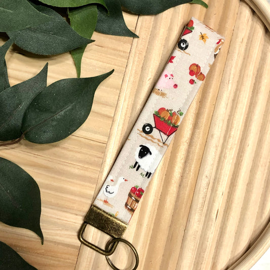 Farm Life Print Fabric Wristlet Keychain, Key Fob