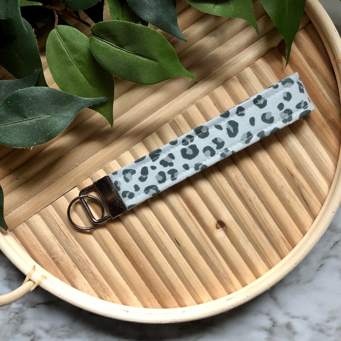 Grey Cheetah Print Fabric Wristlet Keychain, Key Fob