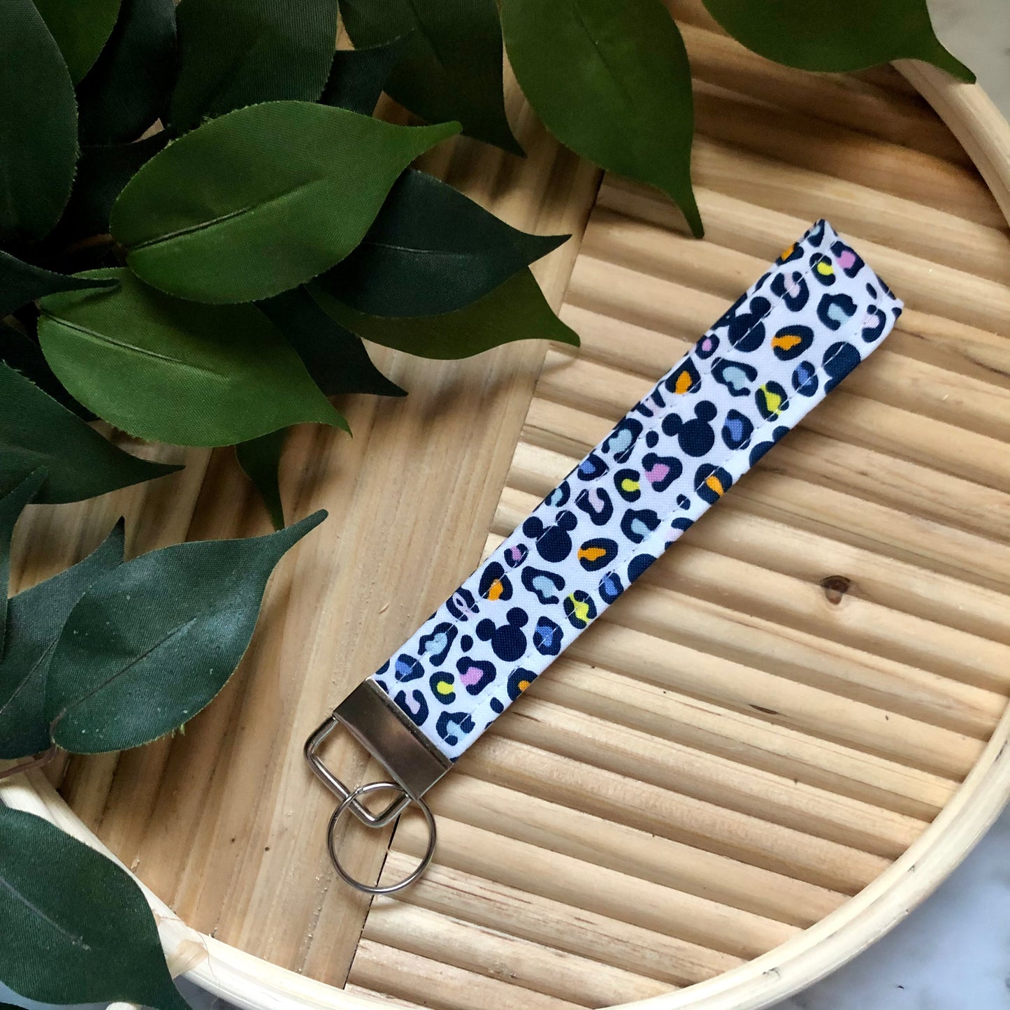 Disney Mouse Colorful Cheetah Print Fabric Wristlet Keychain, Key Fob