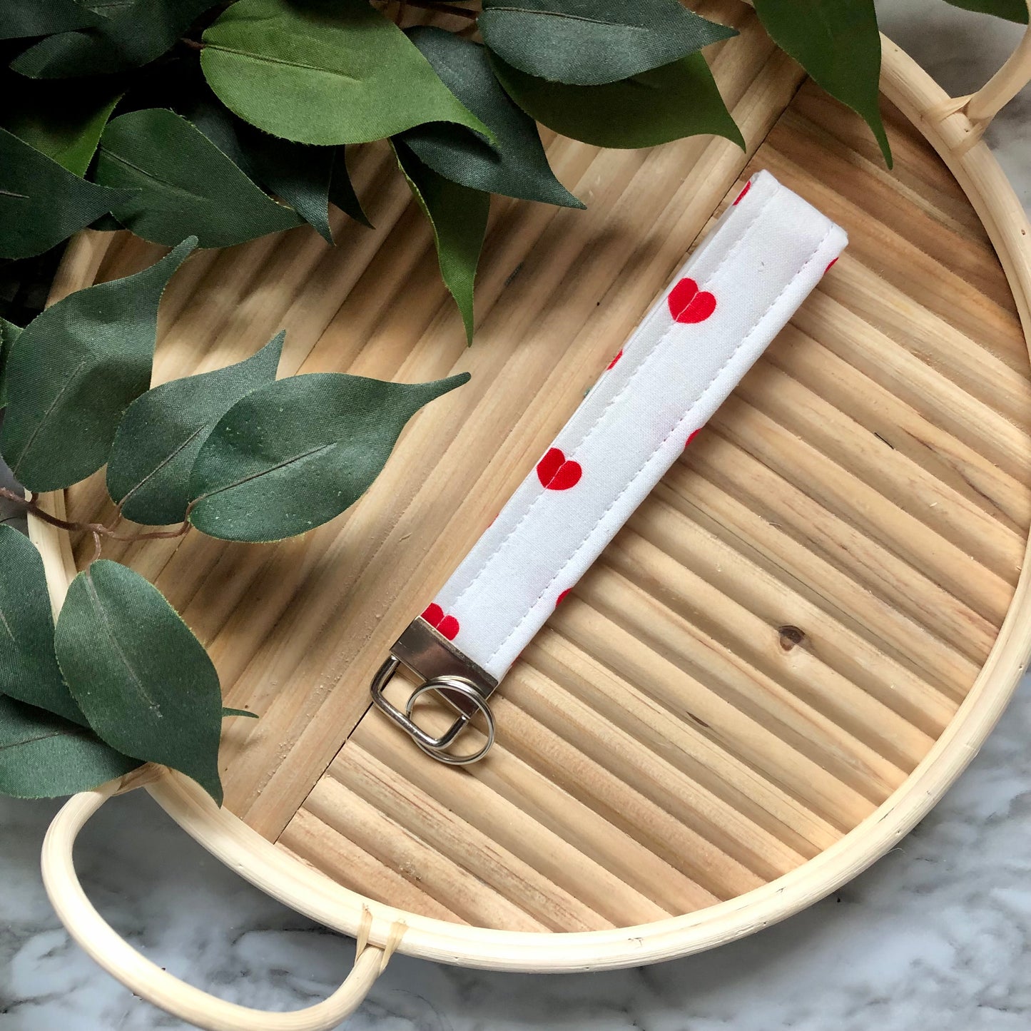 White with Red Hearts Print Fabric Wristlet Keychain, Key Fob