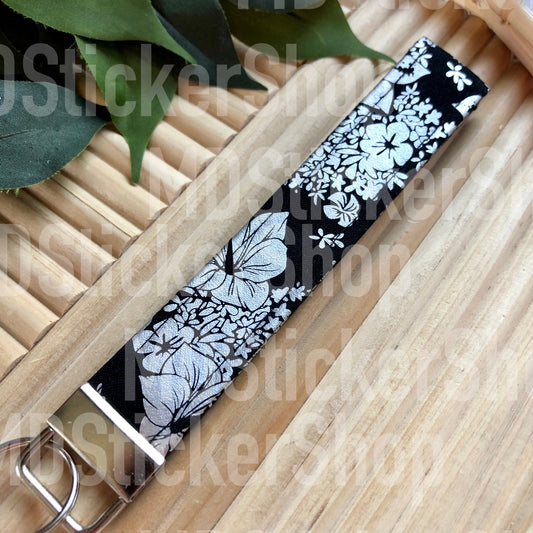 Black and Silver Metallic Floral Print Fabric Keychain